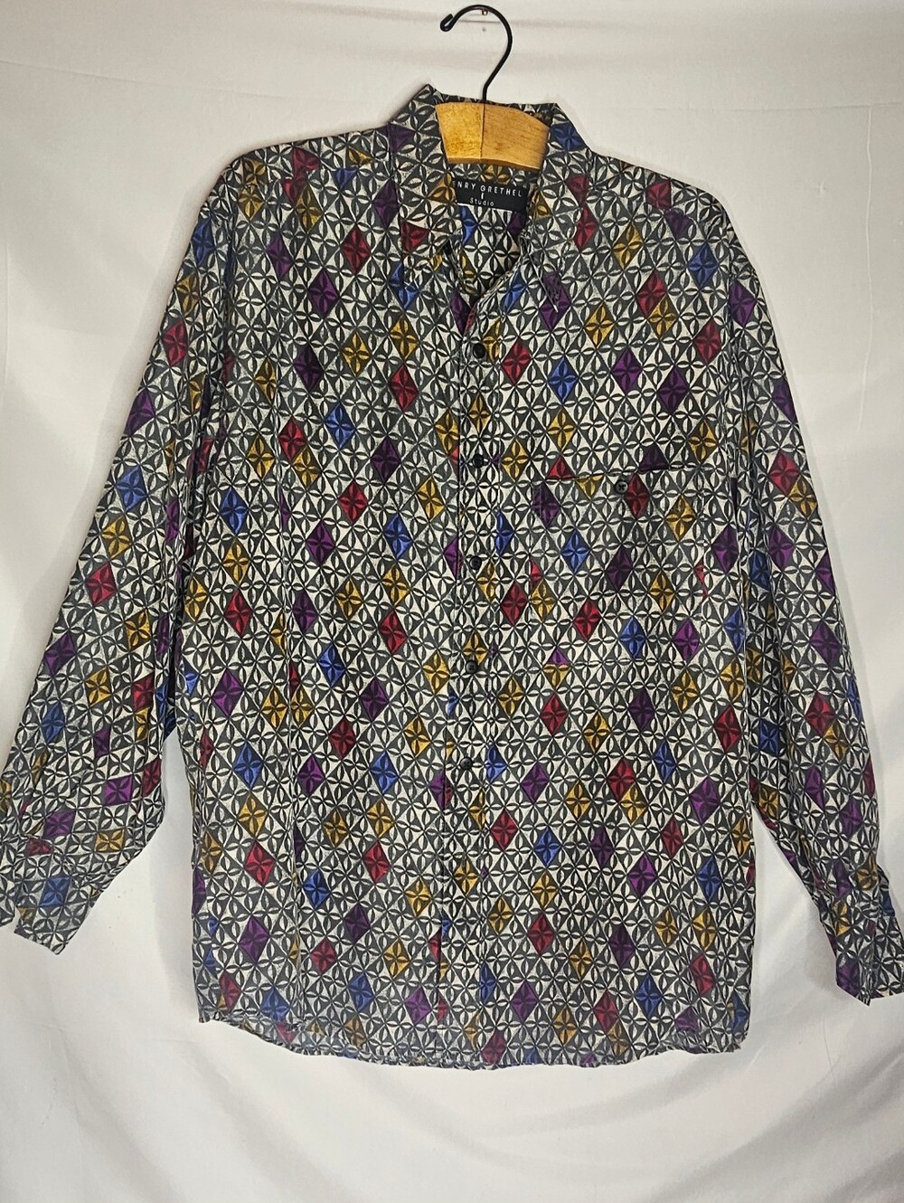Vintage Henry Grethel Studio Silk Shirt Mens M Medium Geometric Multicolor Retro